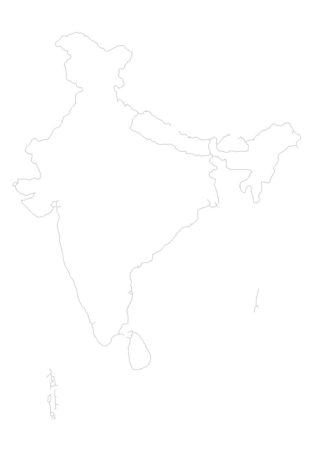 India, Nepal, Bhutan, Sri Lanka and Maldives line-art map